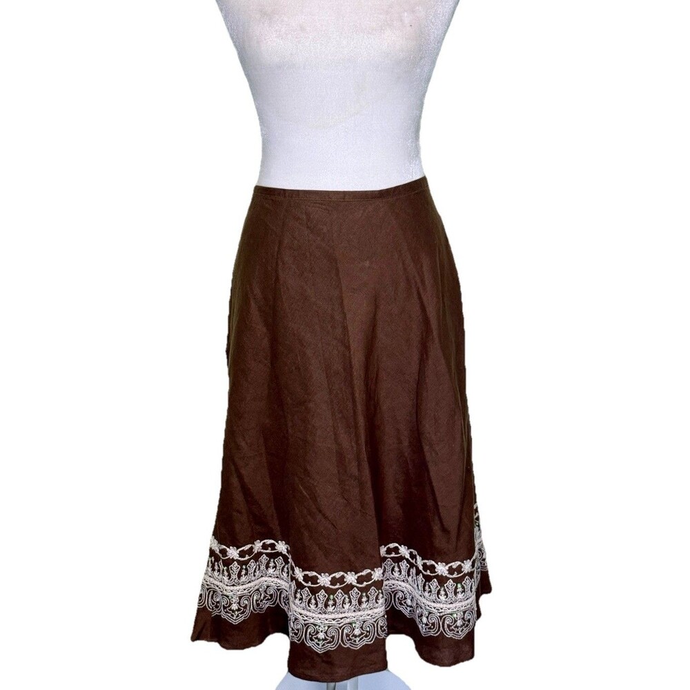 Women's Rustic Cottagecore Brown Linen Skirt Midi Length White Embroidery Hem 12